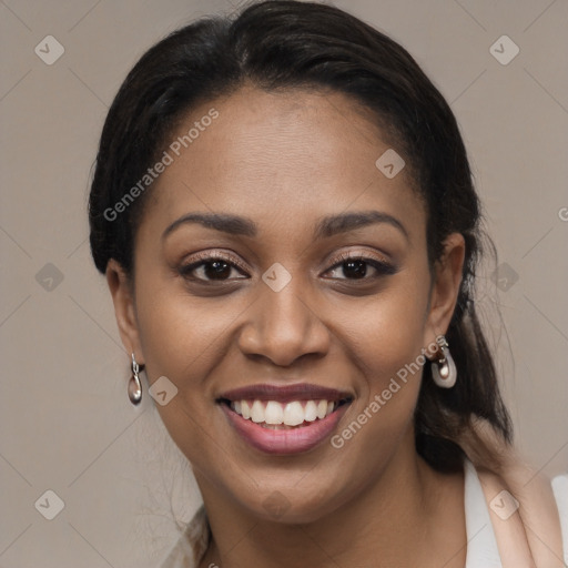 Joyful latino young-adult female with long  brown hair and brown eyes