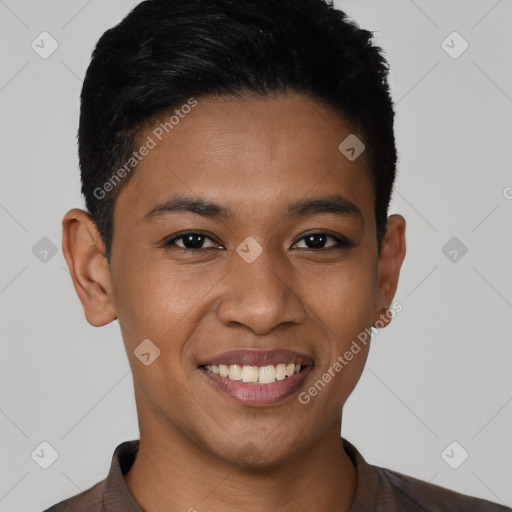 Joyful latino young-adult male with short  black hair and brown eyes