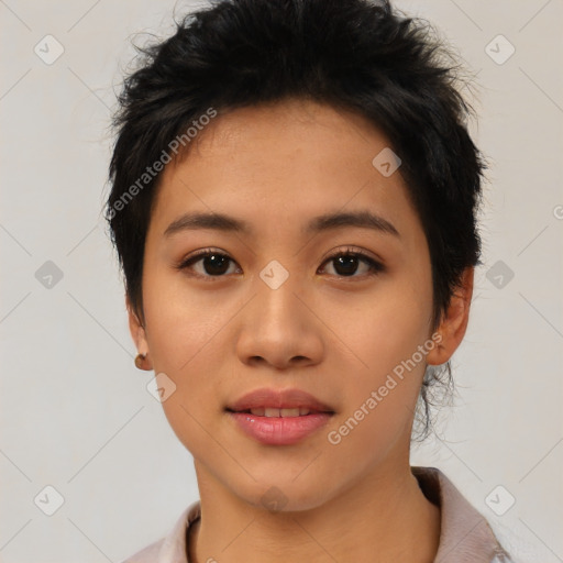 Neutral asian young-adult female with short  black hair and brown eyes