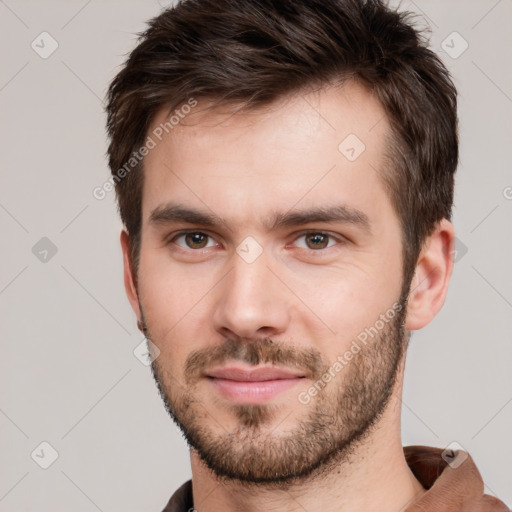 Neutral white young-adult male with short  brown hair and brown eyes