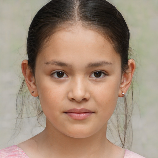 Joyful white child female with medium  brown hair and brown eyes