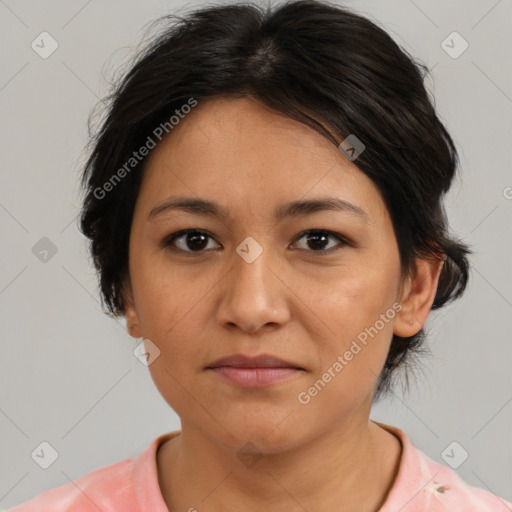 Neutral white adult female with medium  brown hair and brown eyes