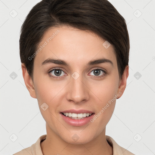 Joyful white young-adult female with short  brown hair and brown eyes