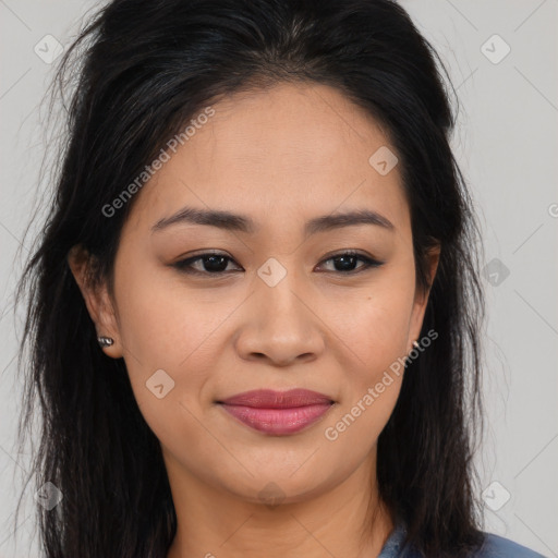 Joyful asian young-adult female with long  brown hair and brown eyes