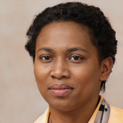 Joyful black adult female with short  brown hair and brown eyes