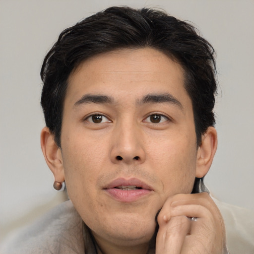 Neutral asian young-adult male with short  brown hair and brown eyes