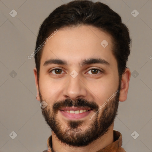 Joyful white young-adult male with short  brown hair and brown eyes