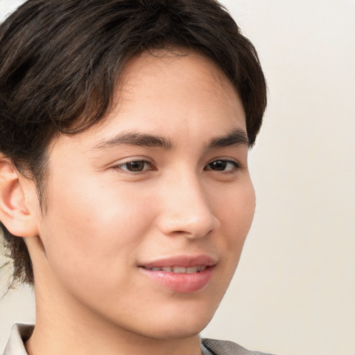 Joyful white young-adult male with medium  brown hair and brown eyes