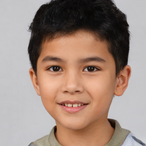 Joyful asian child male with short  brown hair and brown eyes