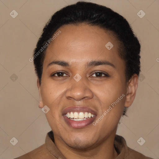 Joyful latino young-adult female with short  black hair and brown eyes