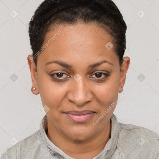 Joyful black young-adult female with short  brown hair and brown eyes