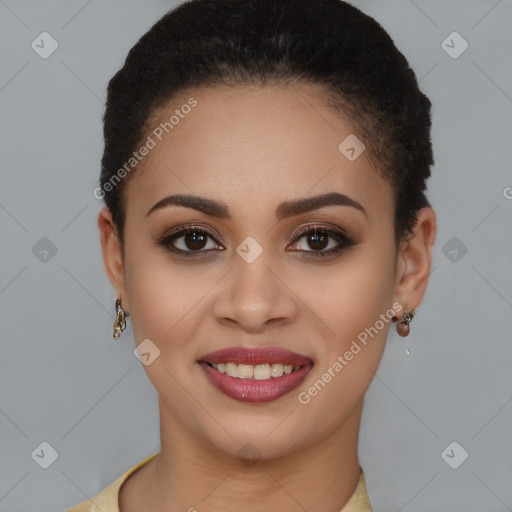 Joyful latino young-adult female with short  brown hair and brown eyes