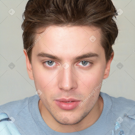 Neutral white young-adult male with short  brown hair and brown eyes