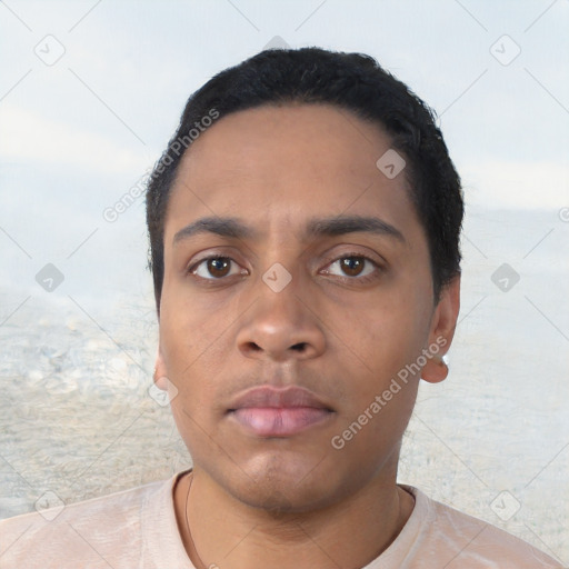 Neutral latino young-adult male with short  black hair and brown eyes