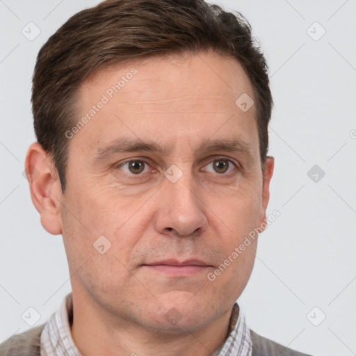 Neutral white adult male with short  brown hair and brown eyes