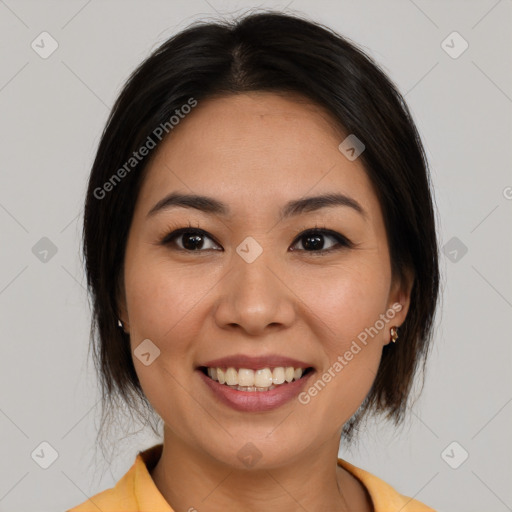 Joyful white young-adult female with medium  brown hair and brown eyes