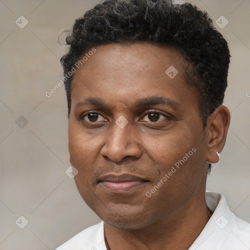 Joyful black adult male with short  black hair and brown eyes