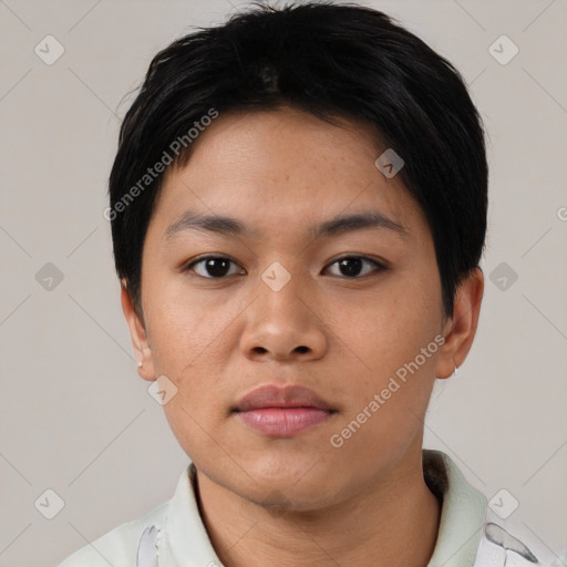 Neutral asian young-adult female with short  black hair and brown eyes