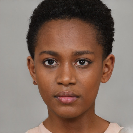 Neutral black young-adult female with short  brown hair and brown eyes