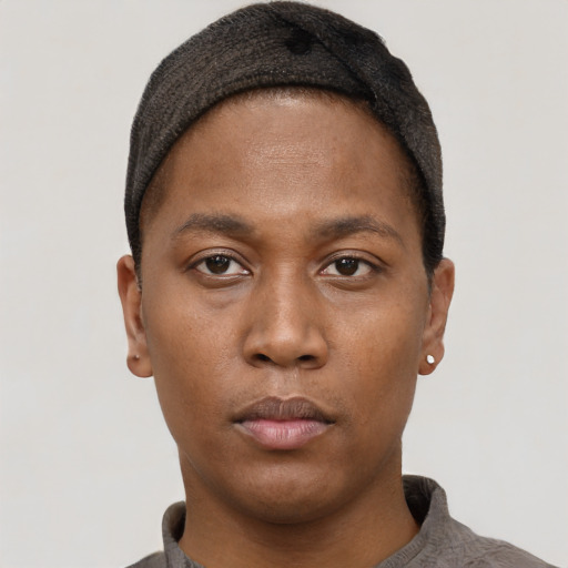 Neutral black young-adult male with short  black hair and brown eyes