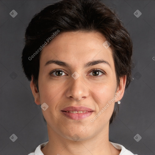 Joyful white adult female with medium  brown hair and brown eyes