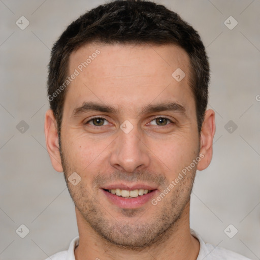 Joyful white young-adult male with short  brown hair and brown eyes