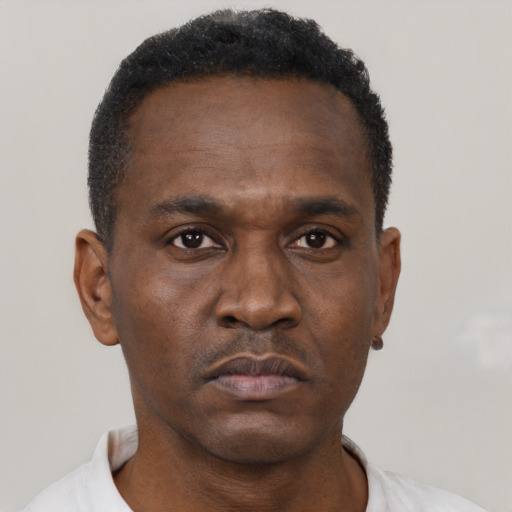Neutral black adult male with short  brown hair and brown eyes