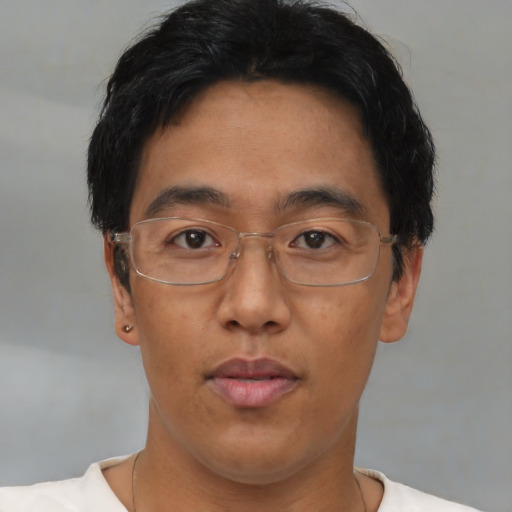 Neutral asian adult male with short  brown hair and brown eyes