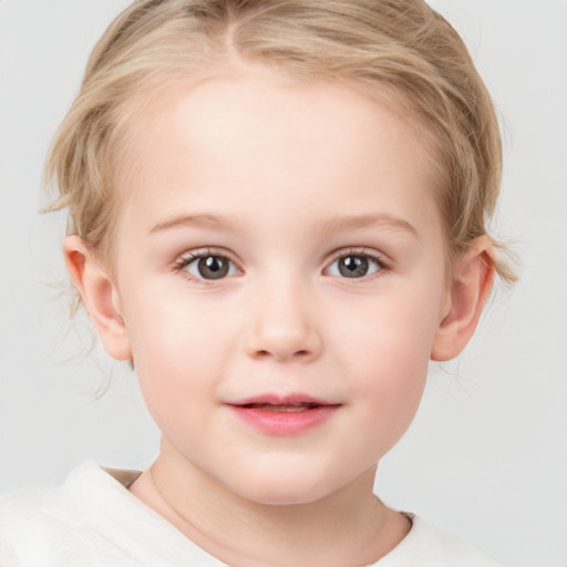 Joyful white child female with medium  blond hair and blue eyes