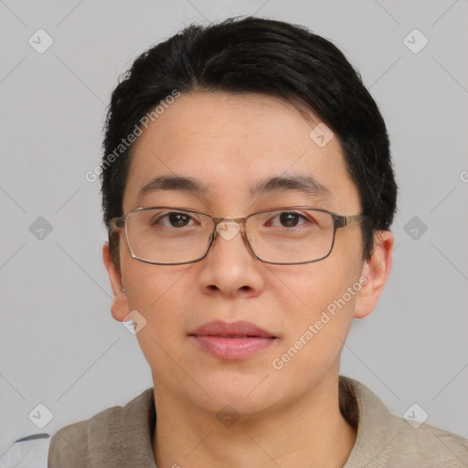 Neutral asian young-adult male with short  black hair and brown eyes