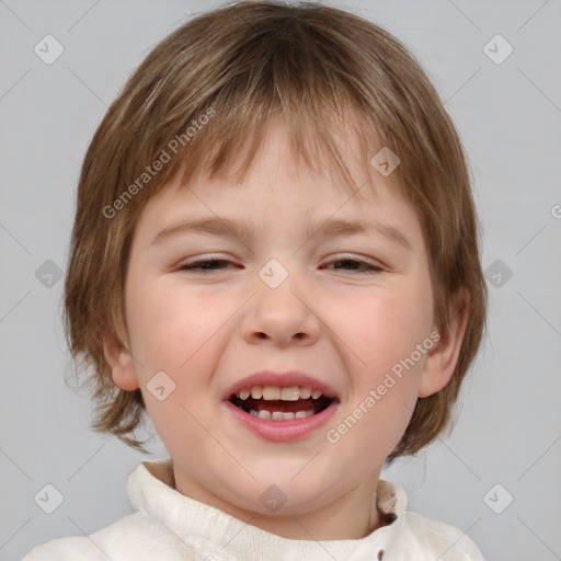 Joyful white child female with medium  brown hair and brown eyes