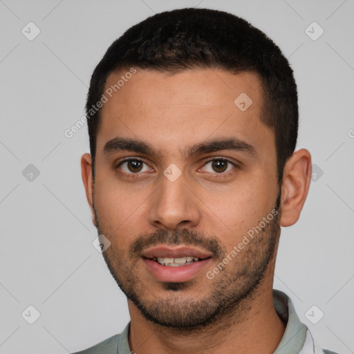 Joyful white young-adult male with short  black hair and brown eyes