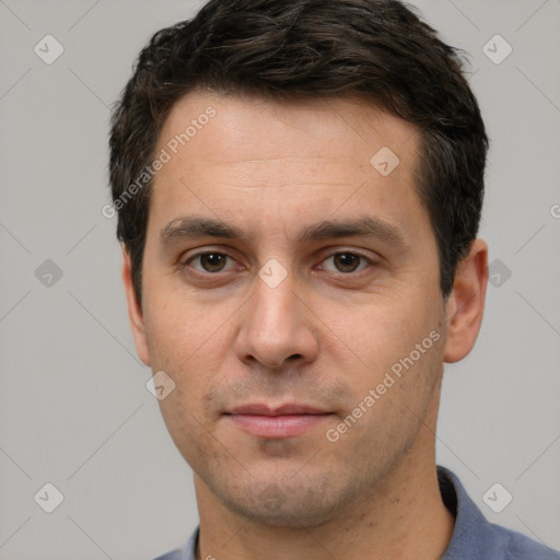 Neutral white young-adult male with short  brown hair and brown eyes