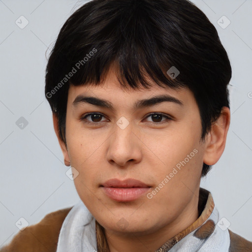 Neutral asian young-adult female with short  brown hair and brown eyes