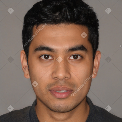 Neutral latino young-adult male with short  black hair and brown eyes