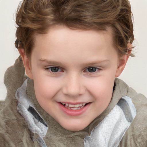 Joyful white child female with short  brown hair and blue eyes