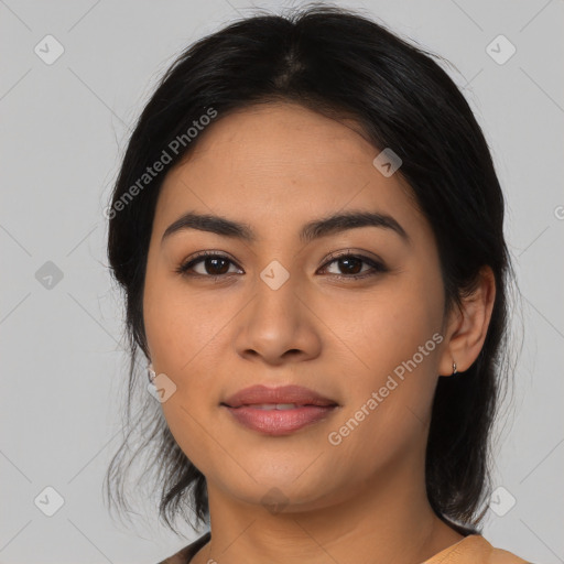 Joyful asian young-adult female with medium  black hair and brown eyes