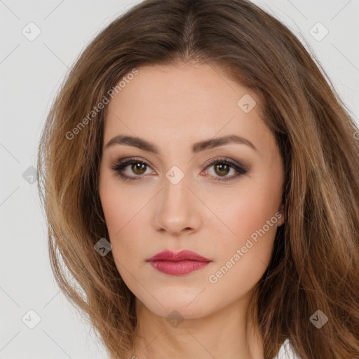 Neutral white young-adult female with long  brown hair and brown eyes