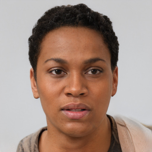 Neutral black young-adult female with short  brown hair and brown eyes