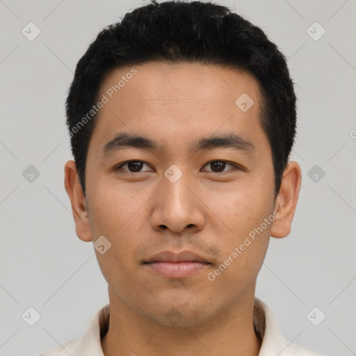 Neutral asian young-adult male with short  black hair and brown eyes