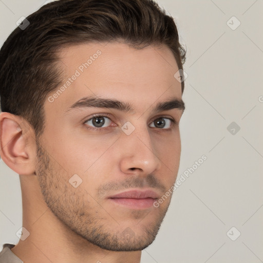 Neutral white young-adult male with short  brown hair and brown eyes