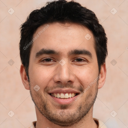 Joyful white young-adult male with short  black hair and brown eyes