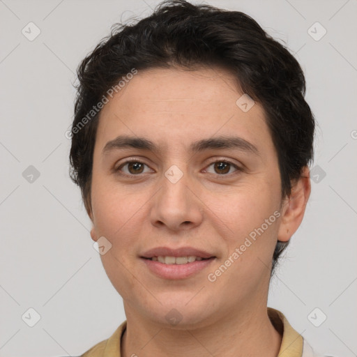 Joyful white young-adult female with short  brown hair and brown eyes