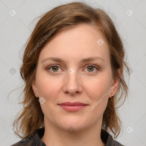 Joyful white young-adult female with medium  brown hair and blue eyes