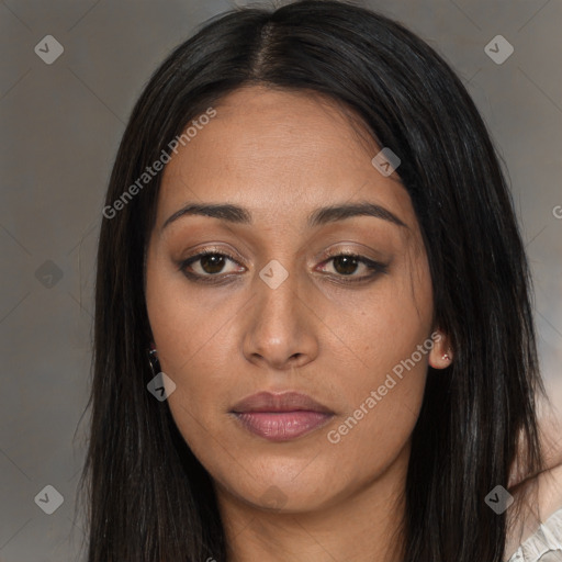 Joyful asian young-adult female with long  brown hair and brown eyes