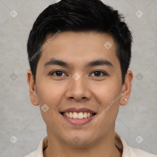 Joyful latino young-adult male with short  brown hair and brown eyes