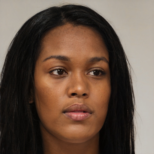 Neutral asian young-adult female with long  brown hair and brown eyes