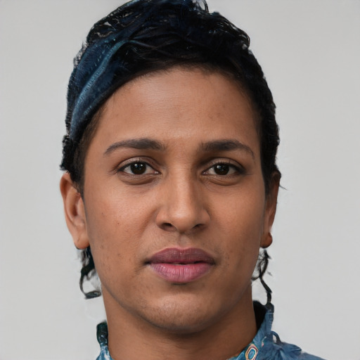 Neutral latino young-adult female with short  black hair and brown eyes