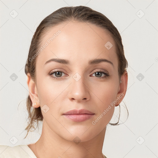 Neutral white young-adult female with medium  brown hair and brown eyes