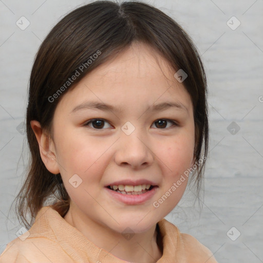 Joyful white child female with medium  brown hair and brown eyes